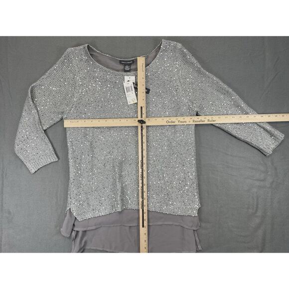 Chelsea & Theodore Women’s Large Sweater 3/4 Sleeve Sequins Gray Chiffon Liner - Picture 7 of 8